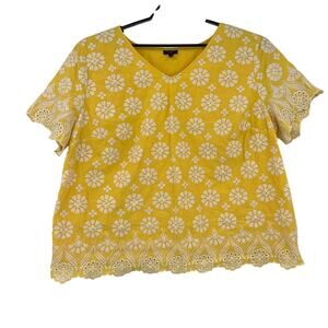 Talbots Embroidered Floral Top Sz 22W Cottagecore Boho Eyelet Scallop Yellow